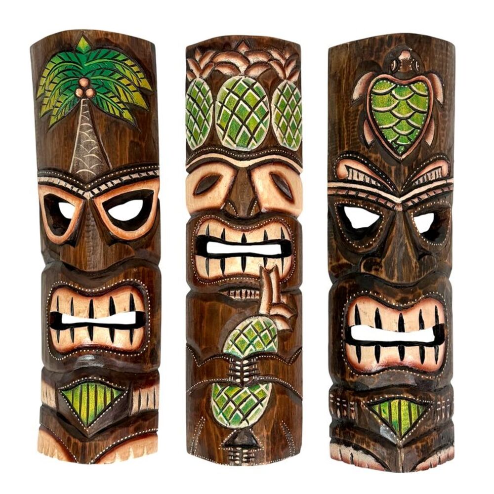 Hand Carved Wood Tiki Mask Set of 3 Palm Tree Pineapple Turtle 19in Wall Decor